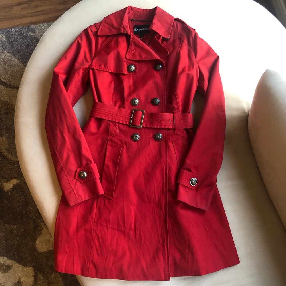 Express Red Double Breasted Belted Trench Coat